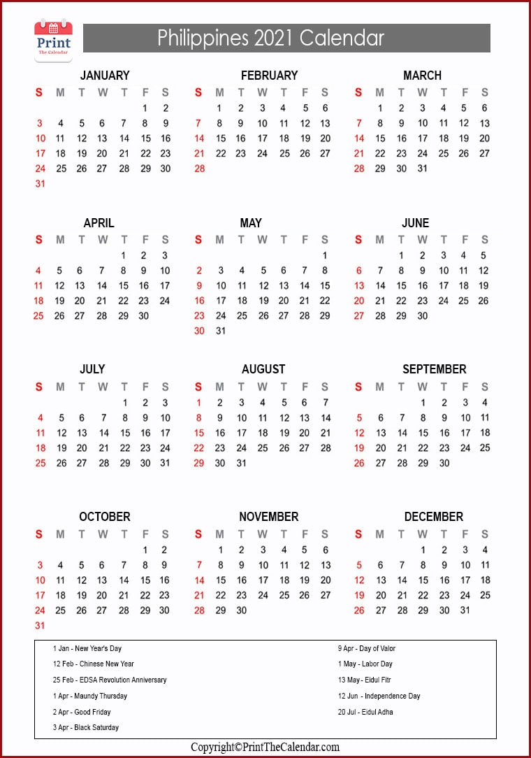 Philippines Calendar 2021 with Philippines Public Holidays